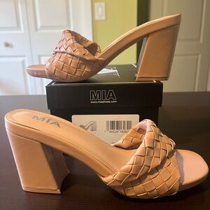 MIA, New in box, Minna sandal with block heel and woven strap. Size 8